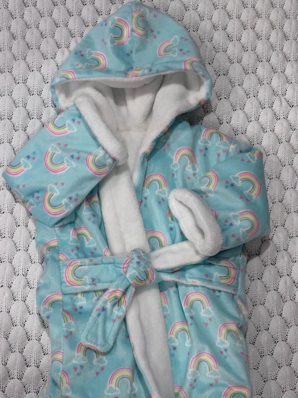 Kids Plush Hooded Bathrobe - Light Blue Rainbow Print